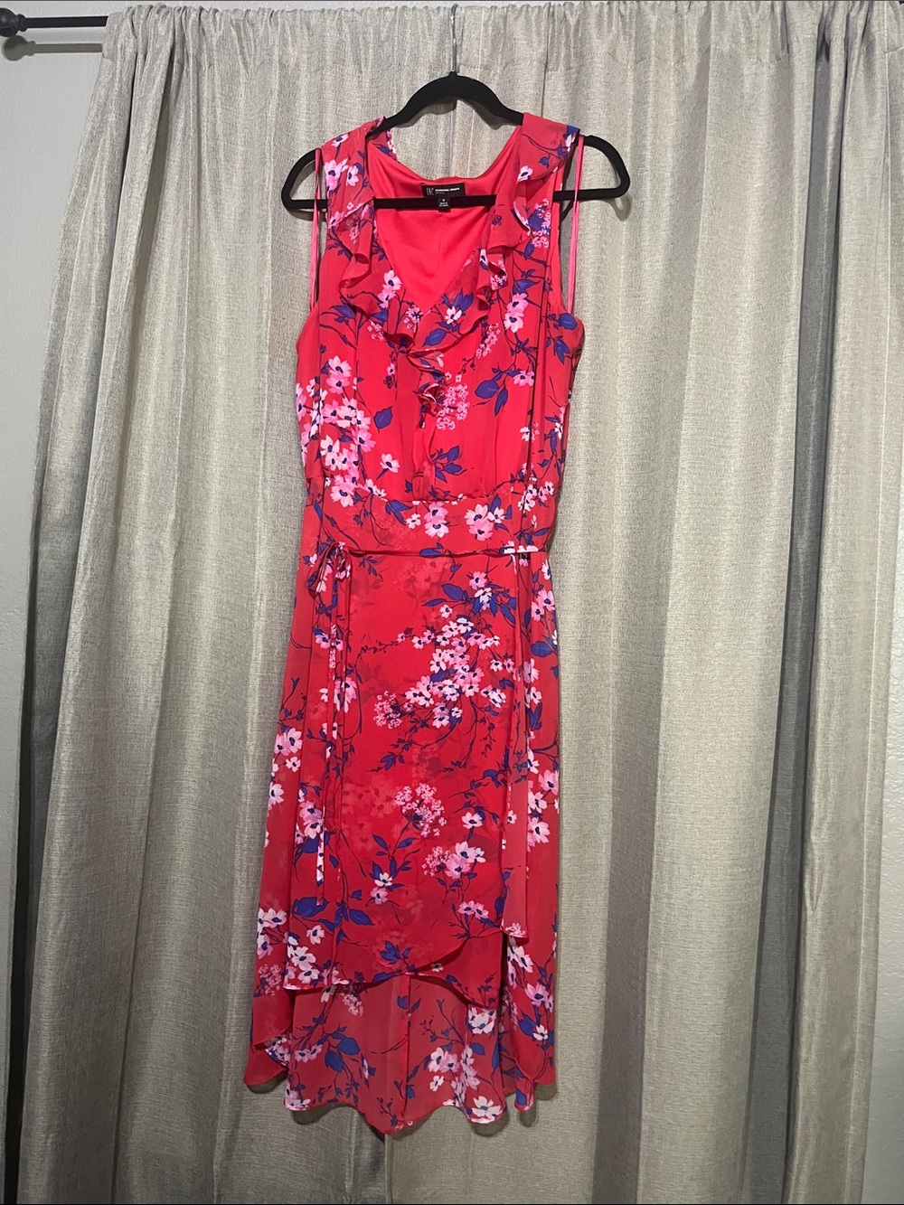 Coral-Pink Floral Ruffle High-Low Dress